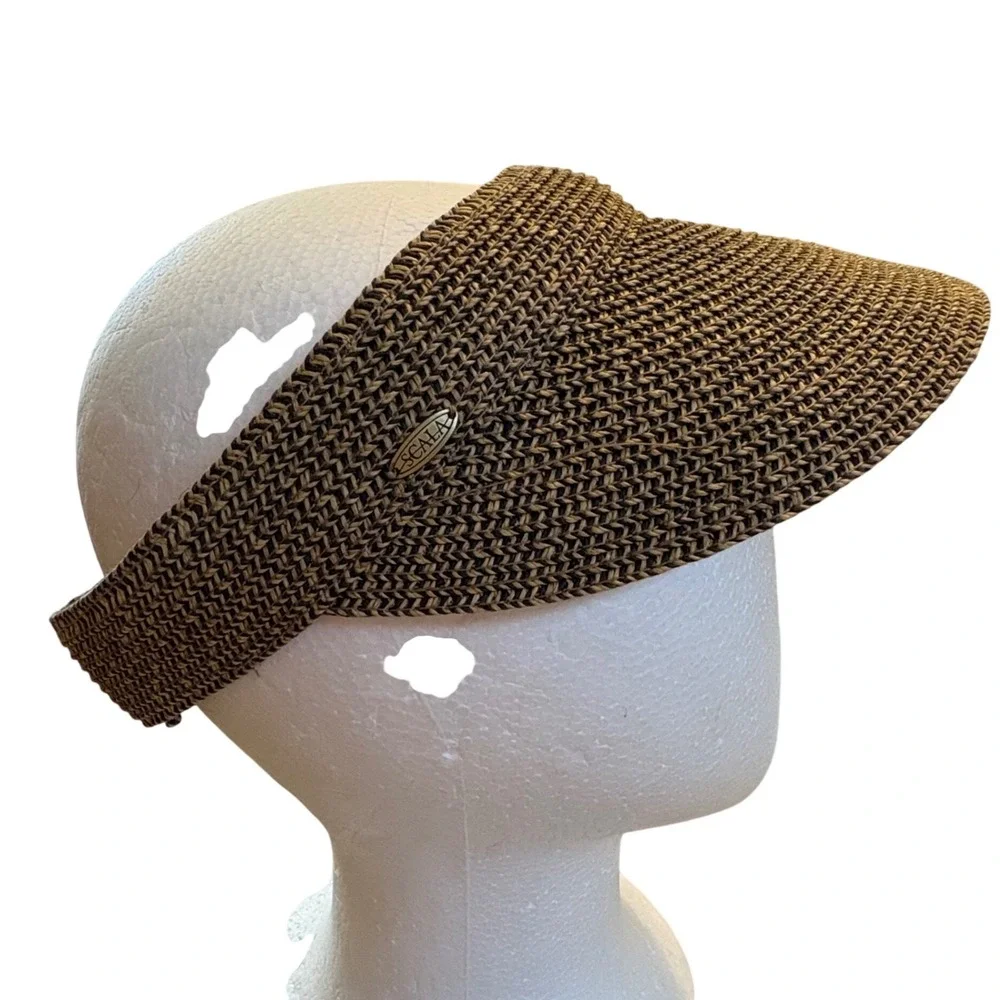 Scala Collezione Women Tan Black‎ Braided Straw Sun Visor Adjustable One Size